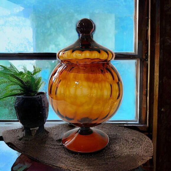 Empoli Amber Glass Candy Dish Lid Apothecary Jar Circus Tent Optic Panel Italy - Picture 16 of 16